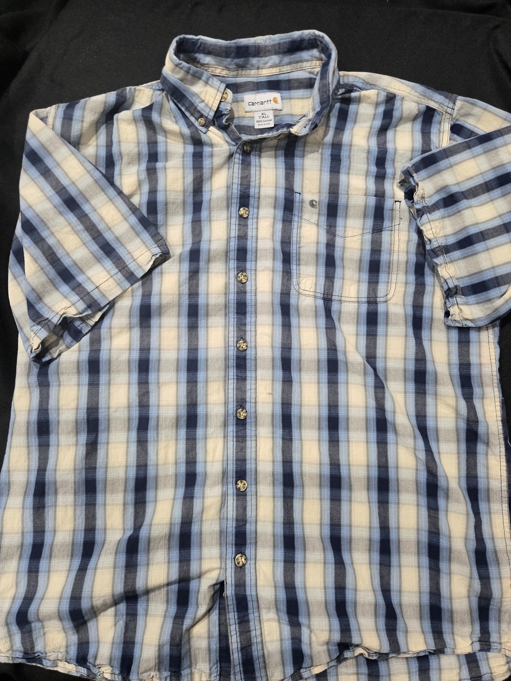 Carhartt Men’s Blue and Cream Plaid Short-Sleeve Button-Down Shirt In XL Tall